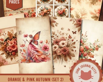 Shabby Chic Autumn Junk Journal Kit, Peach Cottagecore Floral Scrapbook Paper (PDF Download)