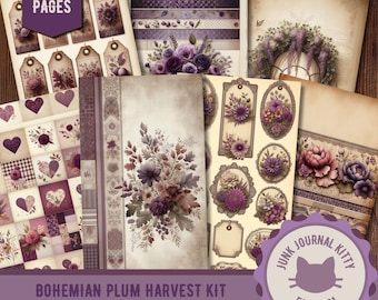 Purple Floral Ephemera Kit – Vintage Junk Journal Embellishments, Tags, Frames (Digital Download)