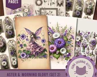 Purple Pink Floral Junk Journal Kit, Vintage Aster Morning Glory Ephemera (Digital Download)