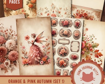 Peach Botanical Junk Journal Kit, Vintage Floral Ephemera, Autumn Scrapbook Pages (Digital Download)
