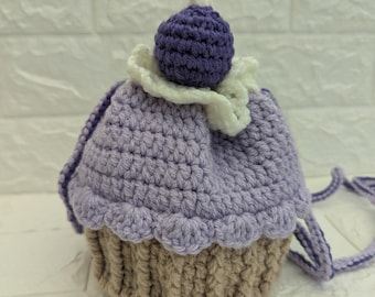 Sac à bandoulière violet fait main pour cupcakes au crochet - Sac à main pour fille avec cordon de serrage - Joli sac à cupcakes kawaii