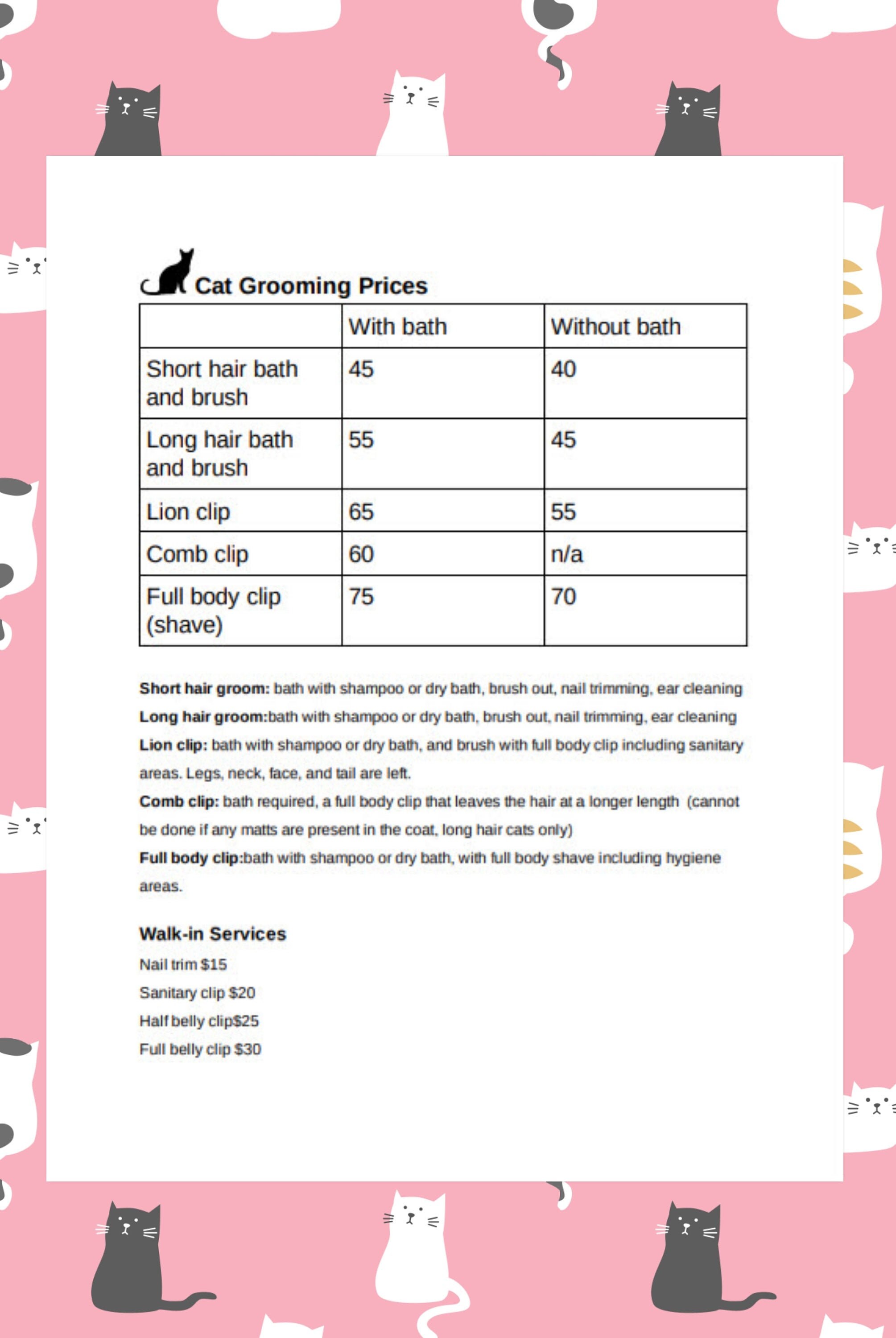 Cat grooming price list editable Etsy