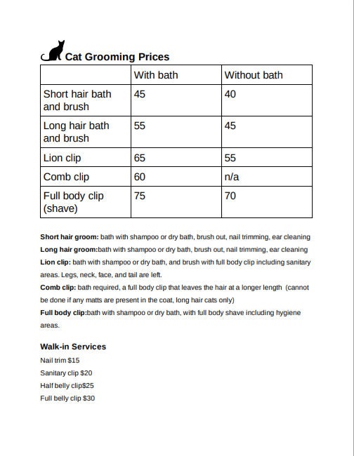 Cat grooming price list editable Etsy
