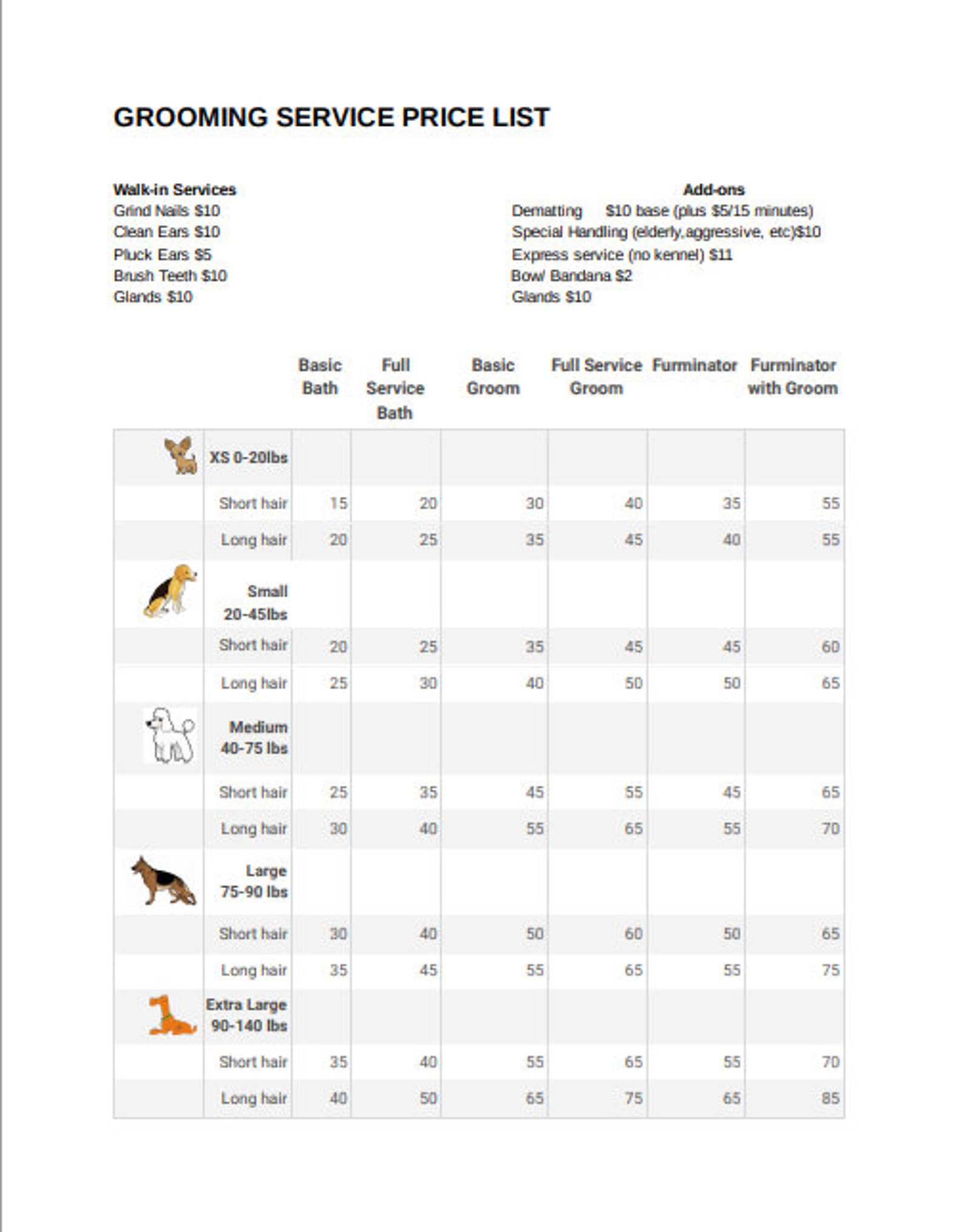 Grooming Service Price List Editable Etsy