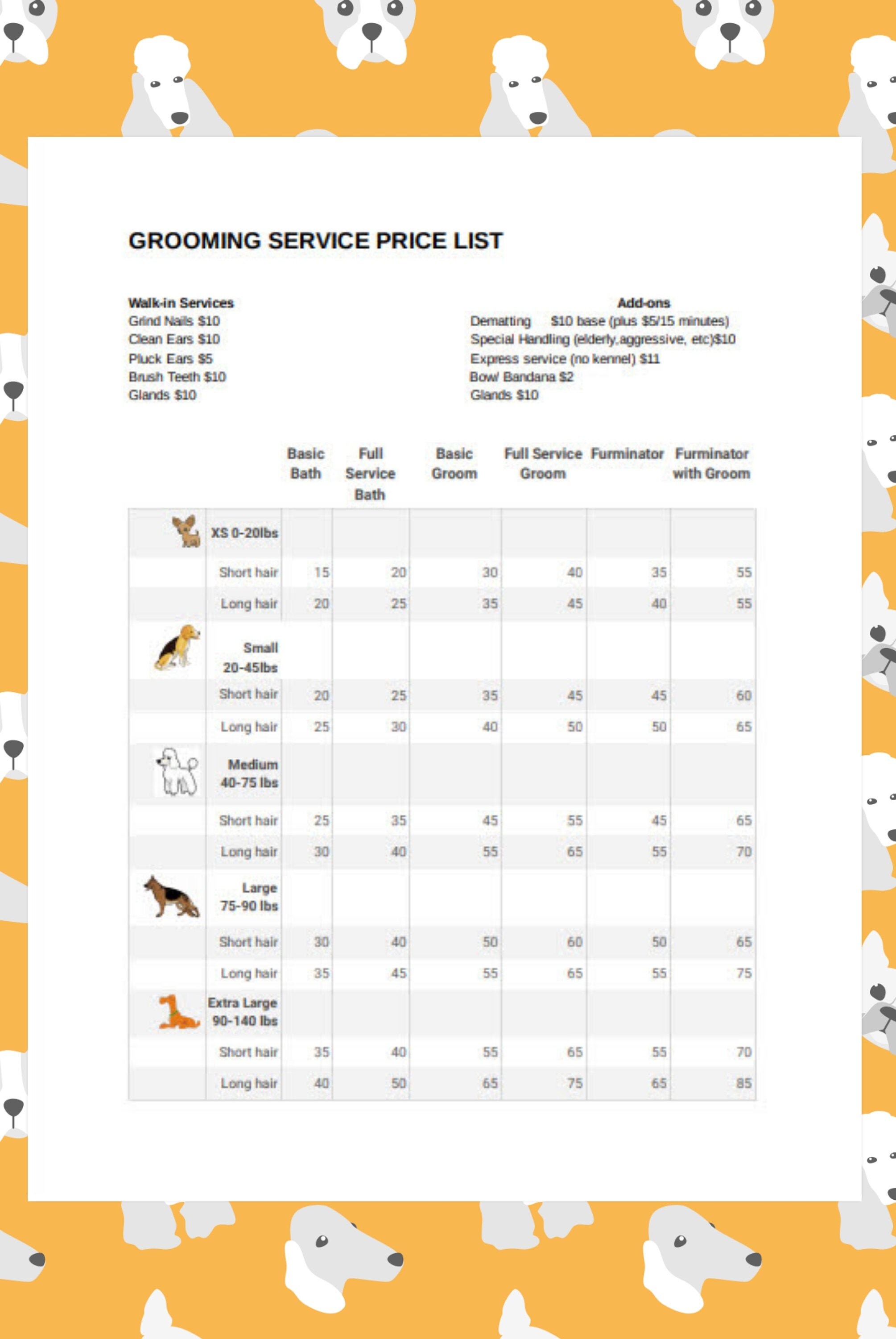 Grooming Service Price List Editable Etsy