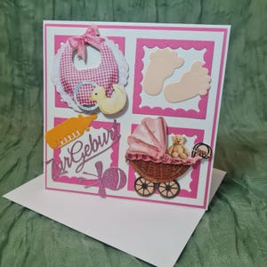 Biglietto di auguri per la nascita di una bambina fatto a mano, quadrato, 15 x 15 cm, con busta e inserto coordinati.
