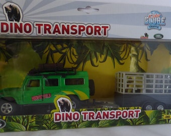 Kids Globe Land Rover Defender 110 station wagon bright green & cage trailer with dino