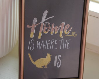 Hand lettering "Home is where the cat is"