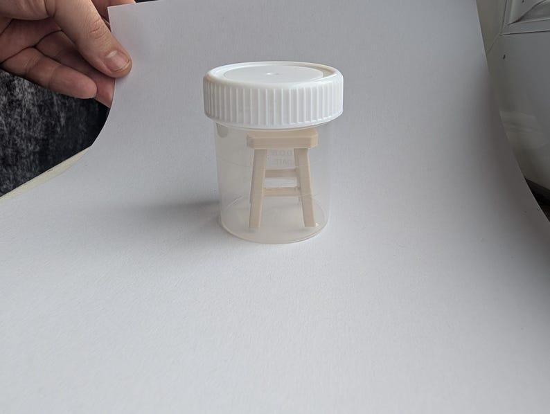 Peut inclure: Un r&eacute;cipient en plastique transparent avec un couvercle blanc contenant un tabouret en bois miniature. Le tabouret est brun clair et poss&egrave;de quatre pieds. Le r&eacute;cipient est tenu par une main sur fond blanc.