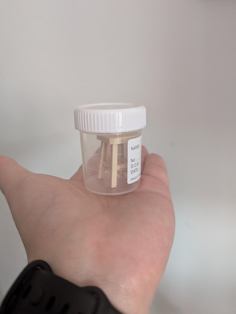 Peut inclure: Un petit tabouret en bois &agrave; l'int&eacute;rieur d'un r&eacute;cipient en plastique transparent avec un couvercle blanc. Le r&eacute;cipient porte une &eacute;tiquette avec les mots "NAME", "No.", "D.O.B", "DATE" et "SINGLE".