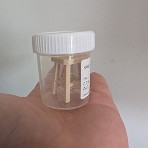 Peut inclure: Un petit tabouret en bois est contenu dans un bocal en plastique transparent avec un couvercle blanc. Le bocal porte une &eacute;tiquette avec les mots "NAME", "No:", "D.O.B", "DATE" et "SINGLE". Le tabouret a une assise carr&eacute;e et quatre pieds.