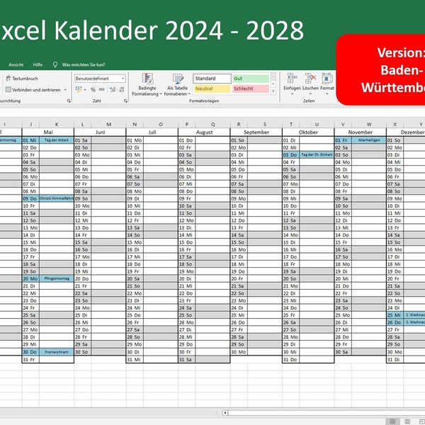 Simple Excel calendar 2024 to 2028 - Baden-Württemberg - Public holidays - Download - Excel template xlsx