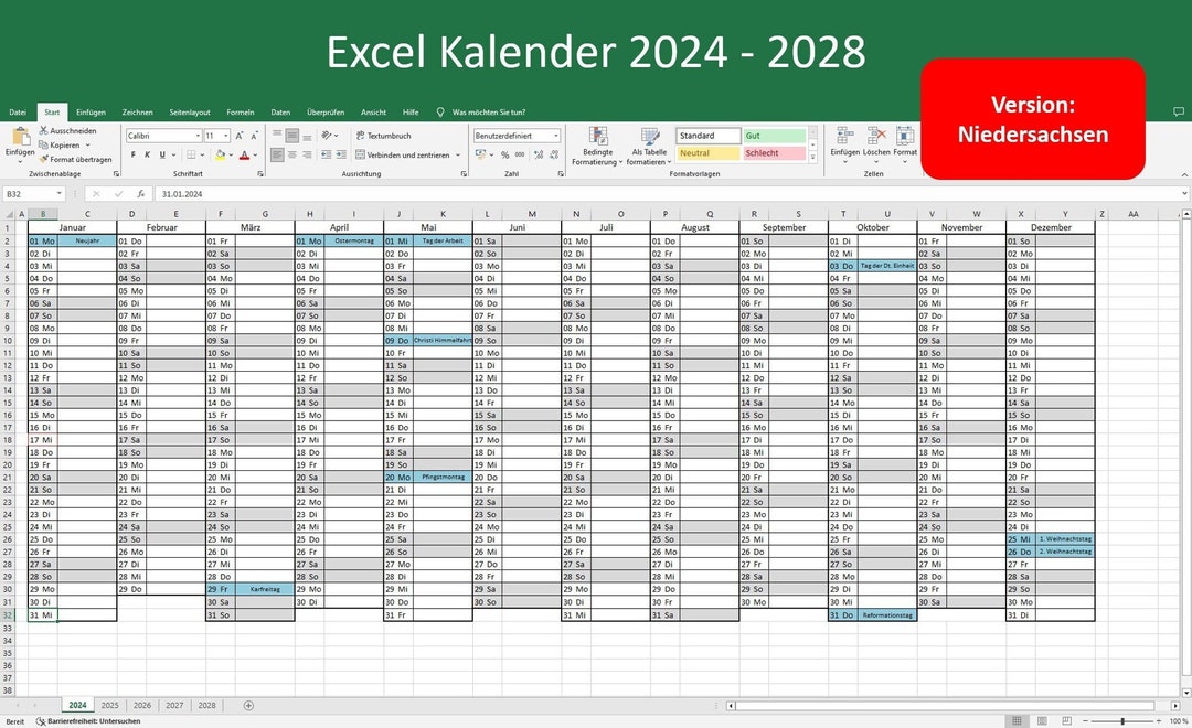Simple Excel Calendar 2024 to 2028 Lower Saxony Public Holidays