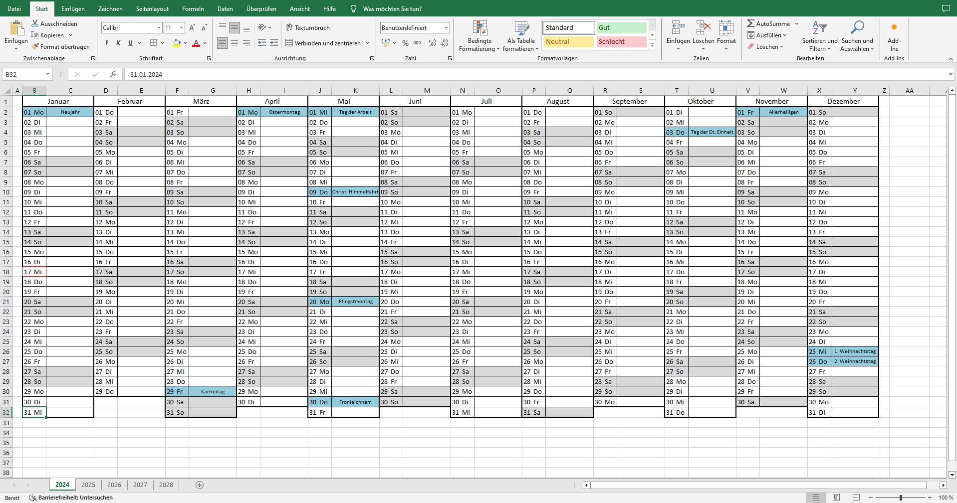 Simple Excel Calendar 2024 to 2028 Rhineland-palatinate Public Holidays Illustration 
