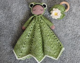 Felix the Frog Comforter and Lily Pad Rattle Crochet Pattern
