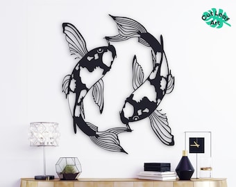 Koi fish metal wall art - yin yang wall art, large metal wall art, Japandi wall art, above bed decor, metal line art, fish metal wall decor