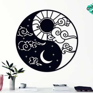 Yin Yang Metall Wandkunst, Sonne und Mond Wandkunst, Yoga Dekor, Tag und Nacht Wandkunst, Outdoor Wandkunst, große Wandkunst, Über Bett Dekor