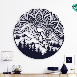 Mountain metal wall art, Mandala metal wall art, Yoga wall art, Adventure wall decor, Namaste wall decor, Large wall art, Above bed decor