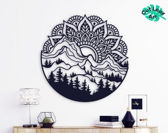 Mountain metal wall art, Mandala metal wall art, Yoga wall art, Adventure wall decor, Namaste wall decor, Large wall art, Above bed decor