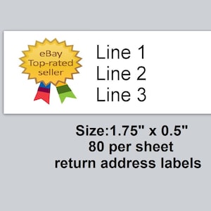 May include: White return address labels with an eBay Top-rated seller badge. The labels are 1.75 inches by 0.5 inches and come in a pack of 80.
