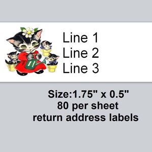 May include: Return address labels featuring a black and white illustration of a cat with a red dress and a watering can. The labels are 1.75 inches by 0.5 inches and come in a pack of 80.