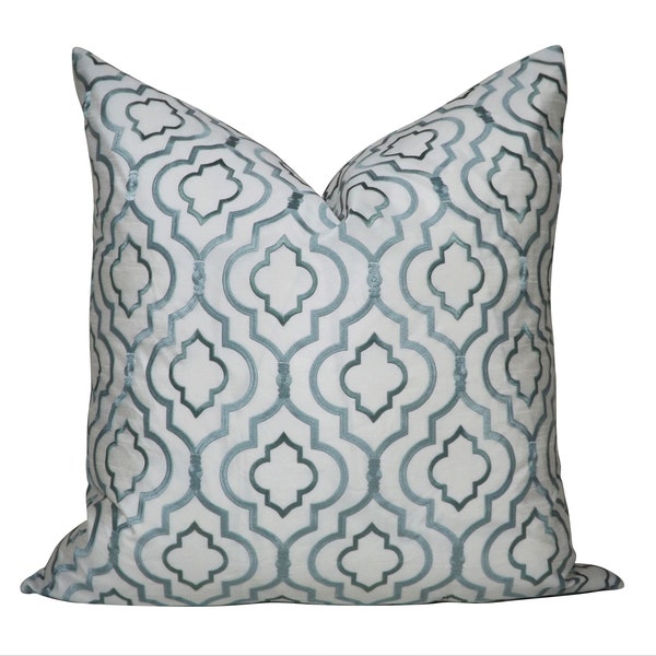 Mesa Aqua Blue Embroidery Decorative Toss Accent Pillow Cover with Zipper 20x20, 22x22, 14x20 Pillow Cover & Cushion Insert Bundle Available