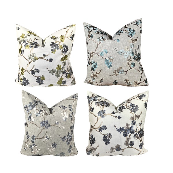 Broderie lin floral fleur gris bleu décoratif coussin taie d'oreiller 22 x 22 20 x 20 18 x 18 14 x 20 plumes disponible