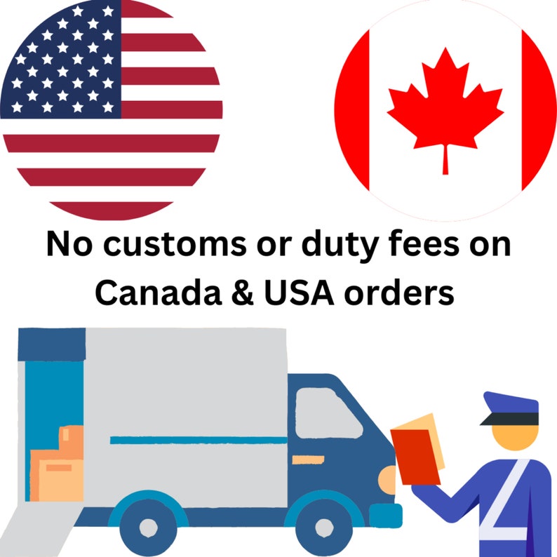 K&ouml;nnte beinhalten: Illustration mit der amerikanischen und kanadischen Flagge, einem Lieferwagen und einem Zollbeamten. Der Text lautet: &bdquo;Keine Zoll- oder Abgaben auf Bestellungen aus Kanada und den USA&ldquo;.