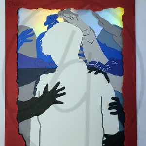 May include: A white silhouette of a person surrounded by dark blue, gray, and black paper cutouts of hands. The word "Shadow" is written in the top left corner of the image.