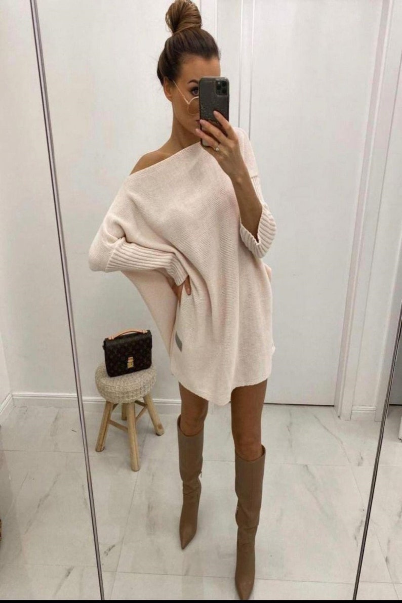 Winter Mini Sweater Dress, Off Shoulder Sexy Sweater Dress, Long Sleeve Knitted Sweater Dress, Loose Sweater Dress, Boho Mini Winter Dress 