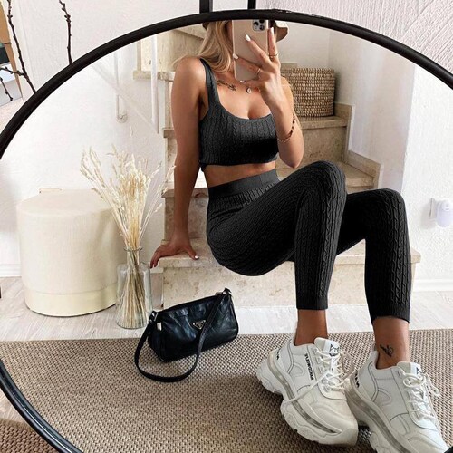 Cable Knit Leggings Set Ribbed Knitted 