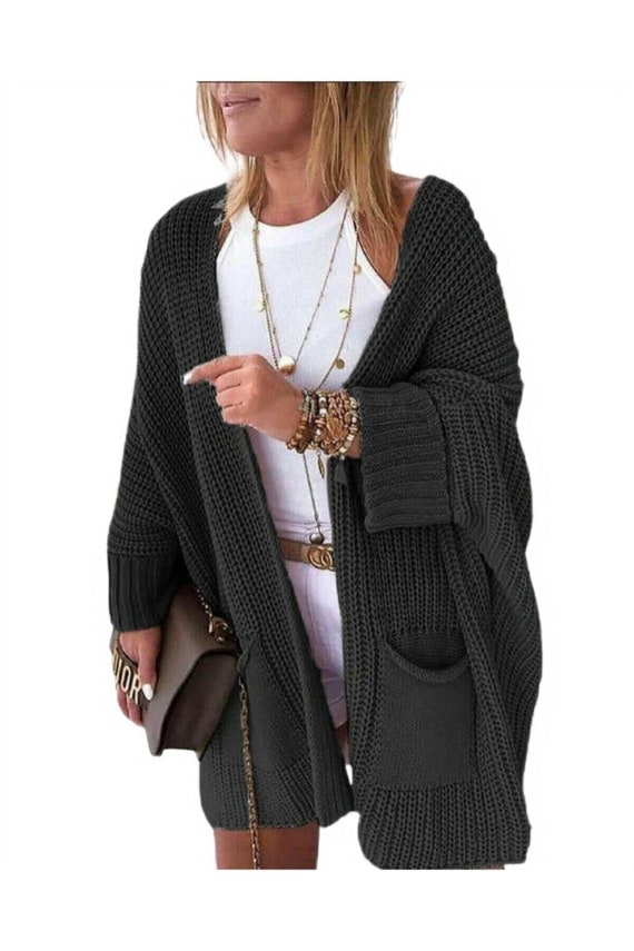 TrendUSFashion Black Oversize Women Cardigan for S/m/l, Open Front Sweater, Solid Winter Cardigan Boho Chunky Cardigan, Cozy Long Open-Front Cardigan