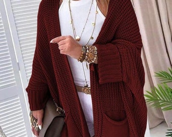 Burgundy Oversize Women Cardigan for S 
