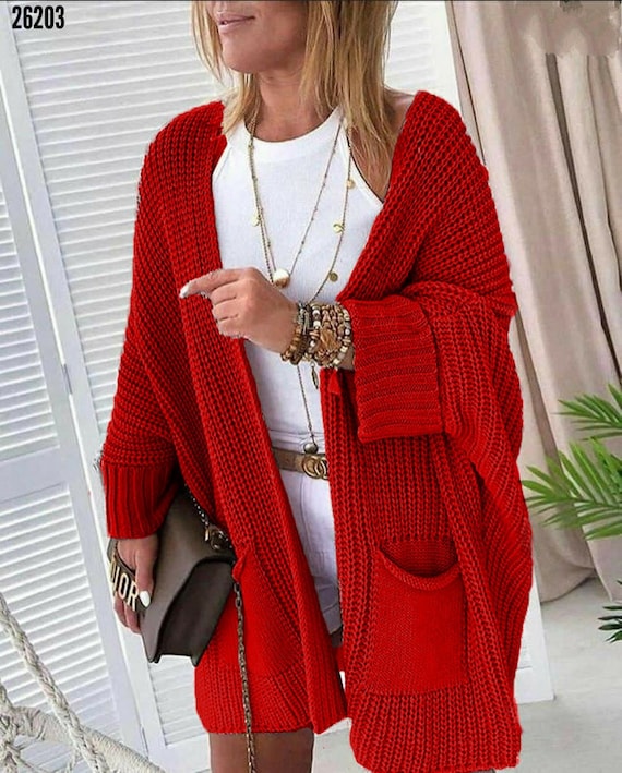 Red Oversize Women Cardigan for S/M/L 3/4 Sleeve Open Front - Etsy