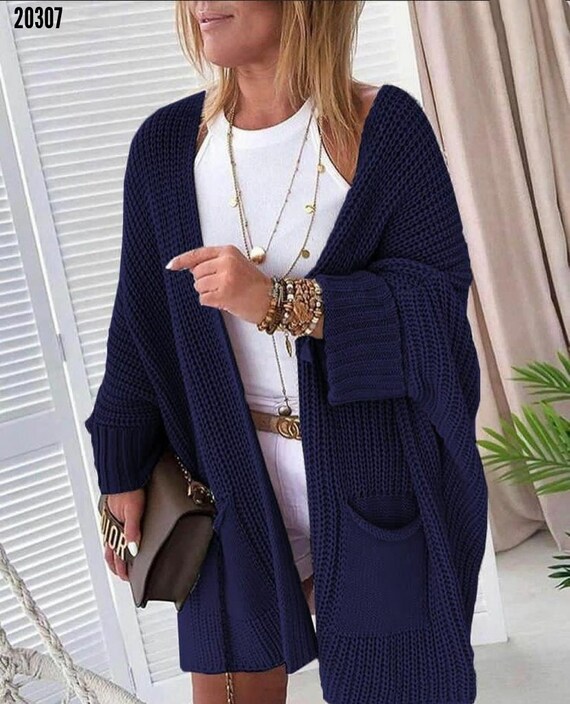 Navy Blue Oversize Women Cardigan for S 