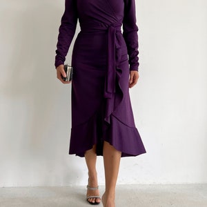 Purple, Short-Sleeved, Belted Midi Dress