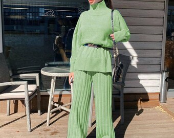 Women Two Pieces Suits Sweater Pants High Collar Retro Chic Long Sleeve Warm 