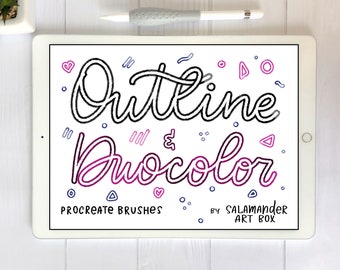 Könnte beinhalten: Ein digitales Tablet mit dem Text Outline & Duocolor Procreate Brushes by Salamander Art Box. Der Bildschirm zeigt schwarze und pinkfarbene Verlaufsbuchstaben, umgeben von kleinen handgezeichneten Formen wie Herzen, Dreiecken und Kreisen.