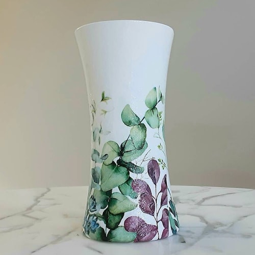 Flower Vase Eucalyptus Flowers Glass Vase Decoupage Vase Etsy