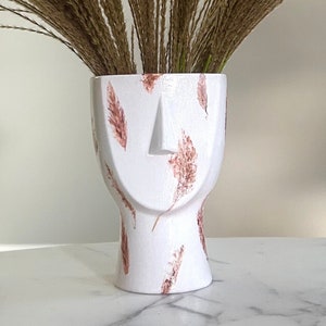 Abstract Face Vase: White Ceramic with Pampas Grass - Boho Decor