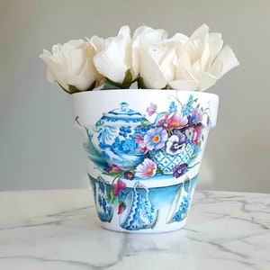 Teacup planter-6&quot; Tea party decor, Tea pot home decor, Blue and white decor, Indoor plant pots, Gifts for her, Tea lover gifts, Decoupage