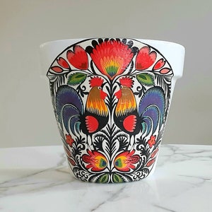 Rooster clay pot-6 inch, Rooster planters, Terracotta pot,  Folkart decor, Rooster gifts, Decoupage pots, Indoor planters, Polish art