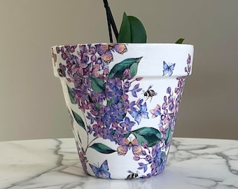 Lilac planter, Lilac flowerpot, Indoor planters, Purple plant pots, Bee planters, Decoupage pot, New home gifts, Purple home decor