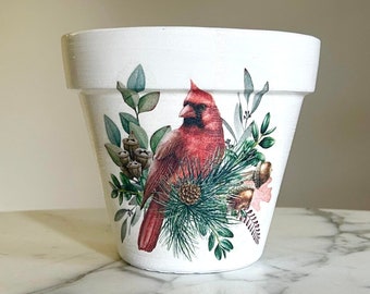 Cardinal planter, Cardinal gifts, Remembrance gifts, Christmas plant pots, Winter decor, Indoor planters, Decoupage pots, Hostess gifts
