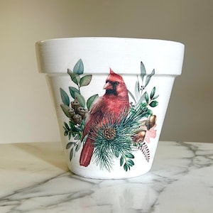 Cardinal Pflanzgefäß, Cardinal Geschenke, Erinnerungsgeschenke, Weihnachtspflanzen, Winter Deko, Pflanzgefäße, Decoupage Blumentöpfe