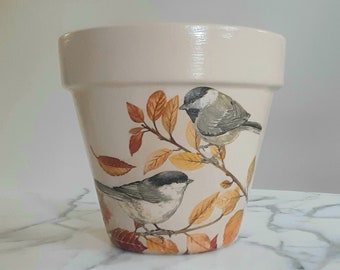 Bird flowerpot-6", Fall clay pot, Bird planter, Fall decor, Bird gifts, Autumn decor, Fall hostess gift, Gifts for her, Decoupage