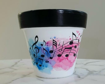 Music Notes Planter: Decoupage Flower Pot, 6", Music gifts
