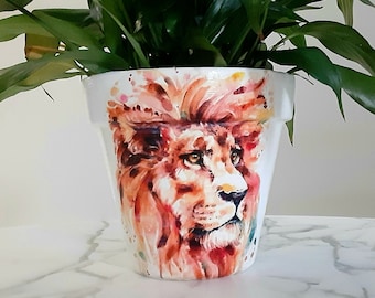 Lion Planter: Decoupage Clay Pot (6-Inch), Jungle cats, Indoor planter