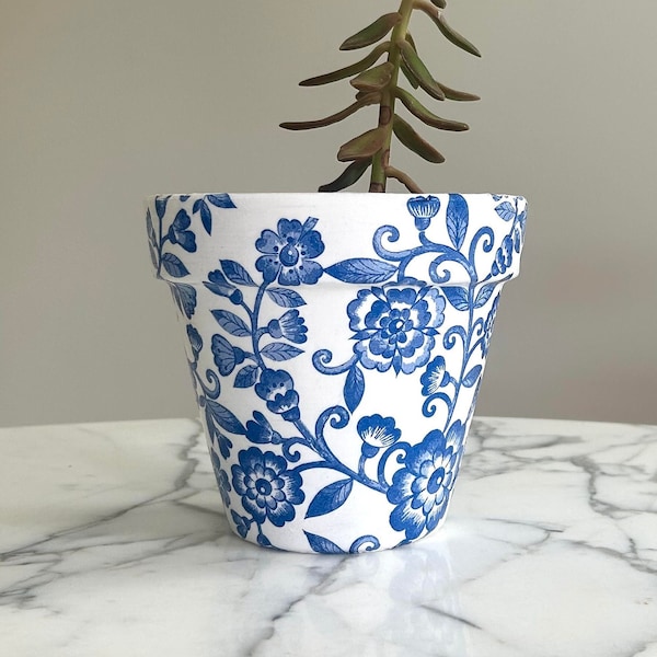 Blue and white planter, Floral plant pot, Decoupage pots, Blue and white decor, 6 inch planters, New home gifts, Flowerpots, Indoor planter