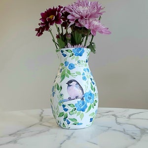 Vogelvase, Vogelvase, Blumenvase, Glasvase, Vogelgeschenke, Blaue Vasen, neues Hausgeschenk, Pastellwohndekor, Vogeldekor, Vase für Blumen, Vase, Decoupage